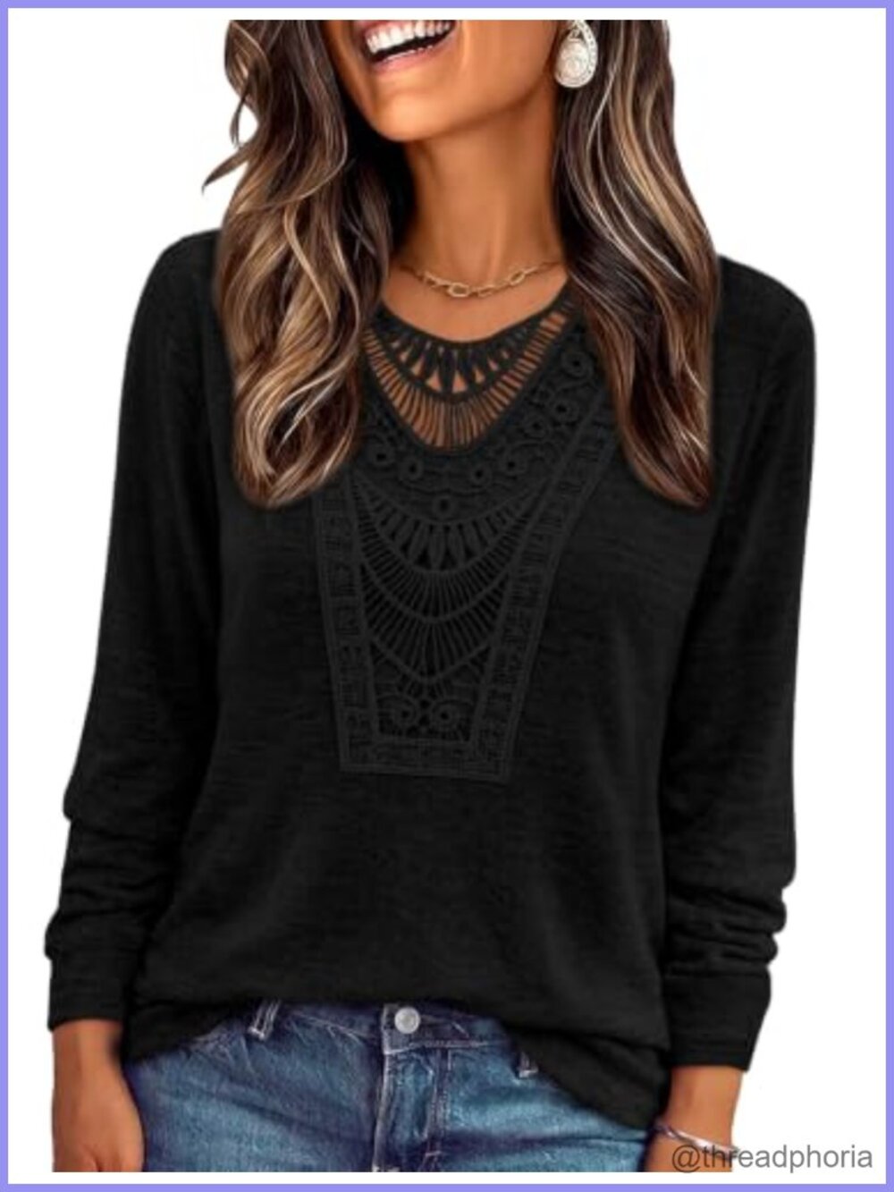Boho V-Neck Lace Long Sleeve Blouse Pullover Women's Top